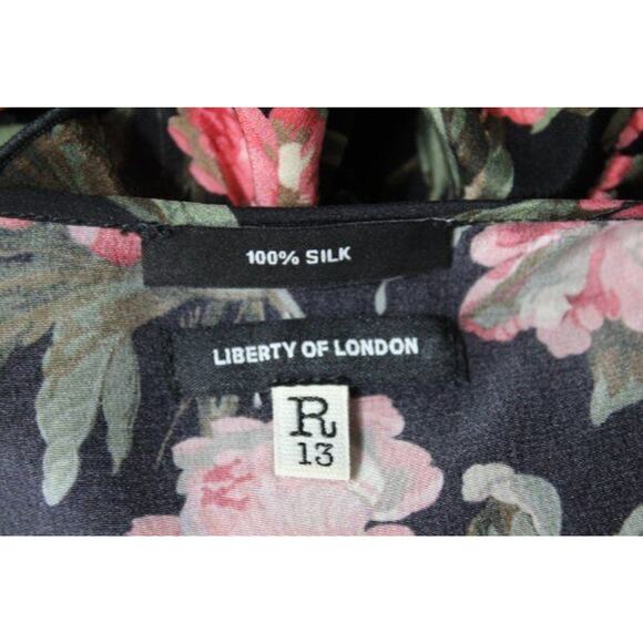 R13 LIBERTY OF LONDON Sz XS Black Pink Rose Floral Silk Dress Ruffle Slit - Picture 3 of 13